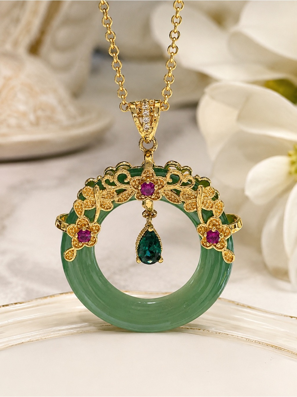 Gold Floral Green Jade Pendant Necklace with Emerald Teardrop and Ruby Accents